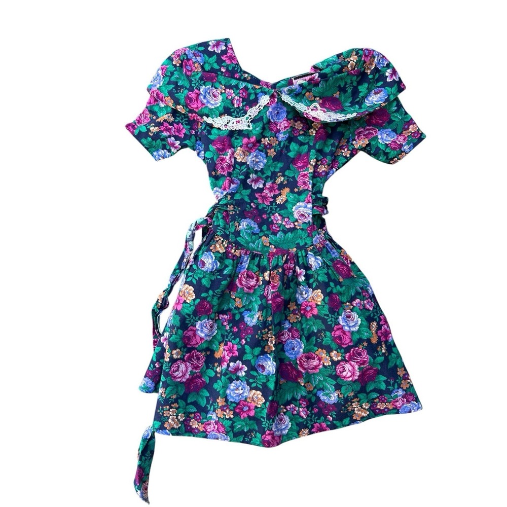 Vintage Girls Cottagecore Floral Dress Bright Colors Shoulder Pads 8 Years 90s